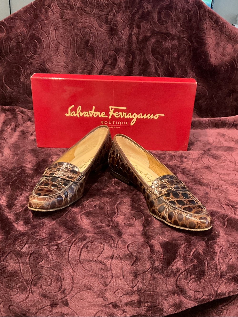 Salvatore Ferragamo Brown Croc-Embossed Leather Loafers